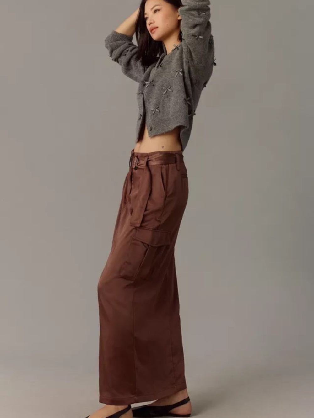 Sanctuary Classy Satin Cargo Maxi Skirt Brown Size 8 NWT